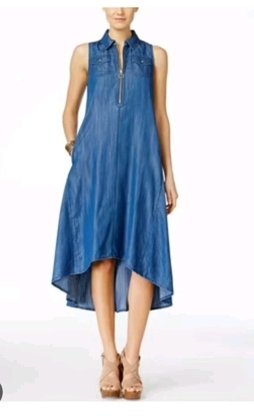 INC International Concepts Women Blue Denim 1/4 Zip Fit & Flare Shirt Dress Sz 0